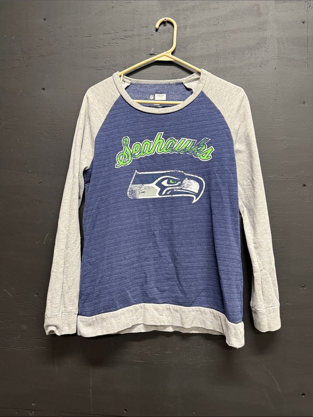 NFL Seahawks Navy and Gray Raglan Crewneck Sweater